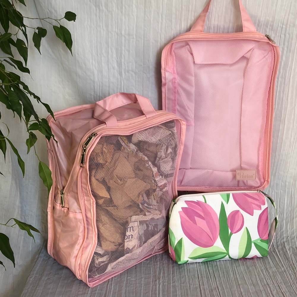 PERIEA set of 2 pink ditty bags laundry travel bags & CLINIQUE cosmetic bag NWOT